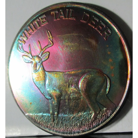 ONE Ounce 39 MM Copper Round White Tale Deer Design Rainbow Toned , STUNNING!!! - Picture 3 of 5